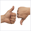 Two fists next to each other. The left is giving a thumbs up. The right is giving a thumbs down.